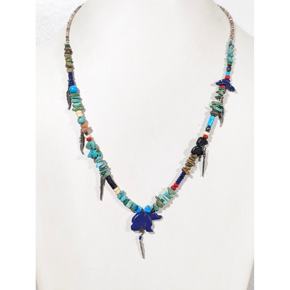 Southwestern Fetish Necklace 925 Sterling Silver Heishi Stone Animal Totem 24"